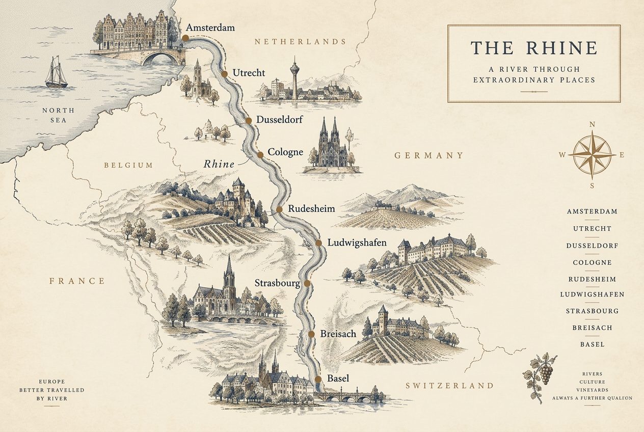 Illustrated Rhine route map from Amsterdam to Basel with each cruise stop marked